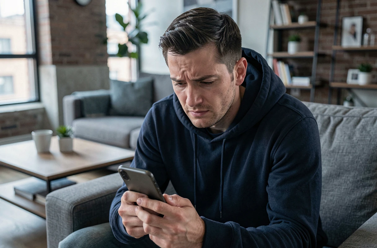Homme frustré consultant son smartphone pour voir un profil Facebook qui l'a bloqué