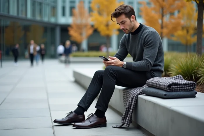 Homme tendance en milieu urbain avec sélection de vêtements masculins posés à côté de lui, conseils vestimentaires mode automne