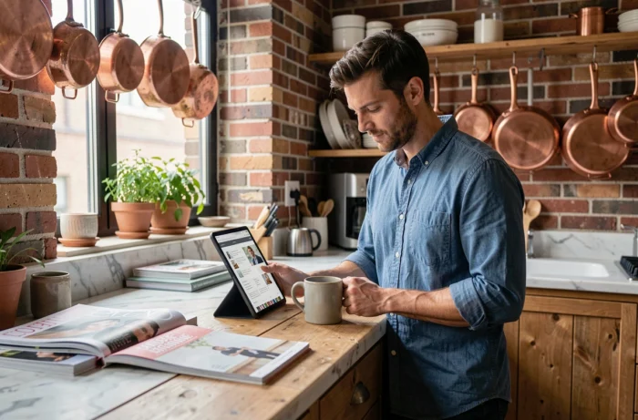 Homme consultant un site lifestyle inspirant sur une tablette dans une cuisine urbaine au décor authentique avec briques apparentes