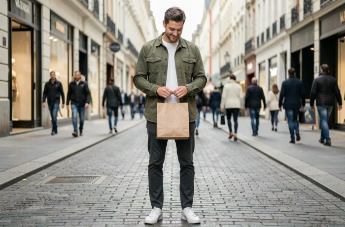 Homme élégant en tenue tendance tenant un sac shopping dans une rue commerçante animée