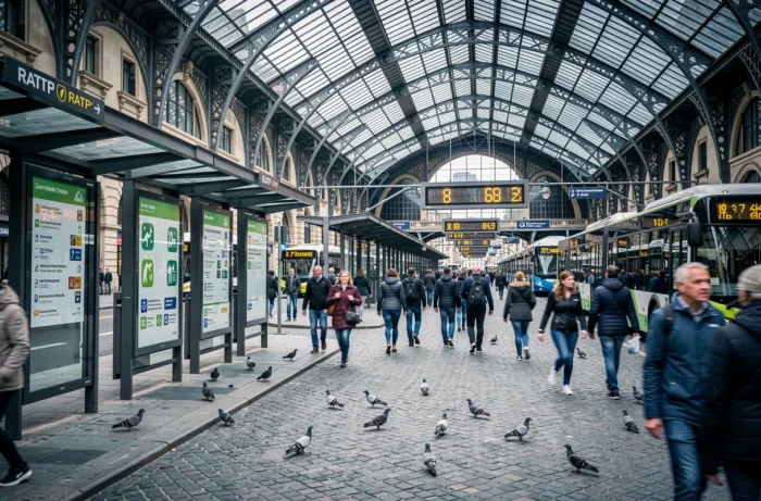 Vue large d'un carrefour de bus parisien avec nouveaux panneaux de correspondances simplifiées et écrans numériques RATP