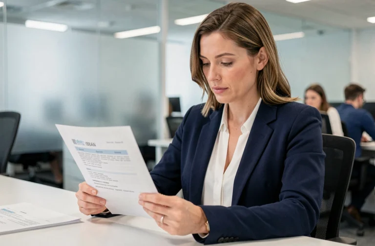 Professionnelle en blazer marine analysant un document bancaire avec un numéro IBAN imprimé dans un bureau moderne