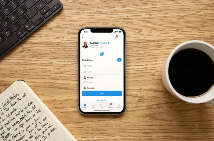 Vue aérienne d'un bureau avec smartphone affichant un formulaire d'inscription Twitter, carnet de notes et clavier sans fil