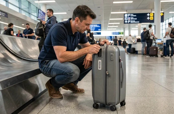 Homme inspectant le verrou TSA007 d'une valise Samsonite dans un aéroport