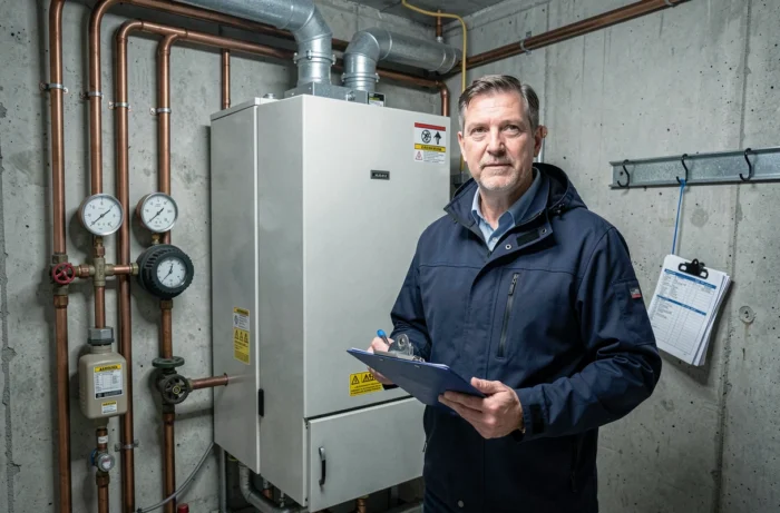 Technicien de chauffage collectif inspectant une chaudière de copropriété avec un carnet de maintenance