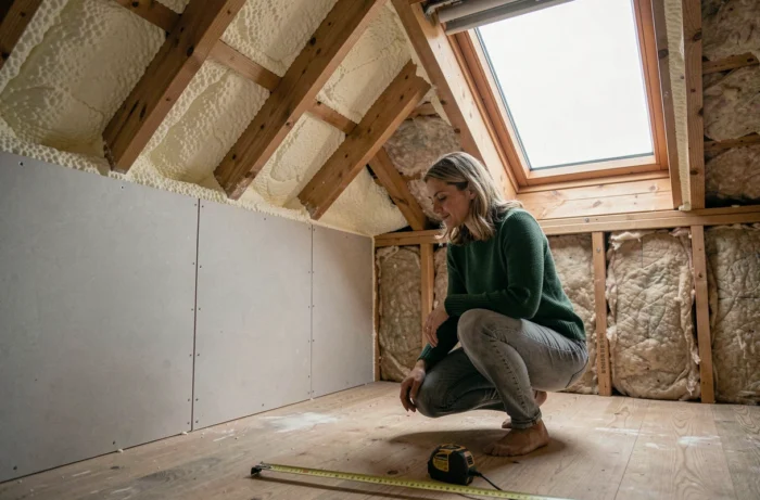 Propriétaire inspectant l'isolation en mousse polyuréthane entre les chevrons d'un comble en cours de rénovation