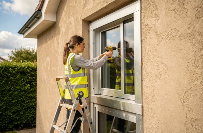 Installatrice professionnelle fixant un cadre en aluminium dans l'ouverture d'une fenêtre sur façade extérieure