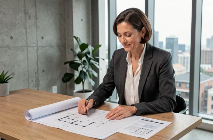 Femme investisseuse immobilière examinant des plans de propriété dans un bureau moderne avec vue sur la ville
