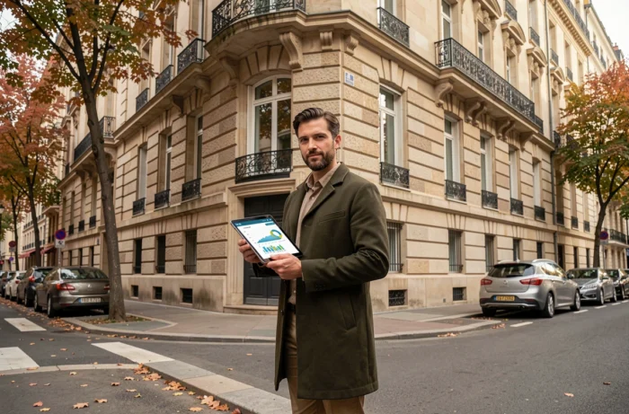 Investisseur immobilier masculin devant un immeuble rénové tenant une tablette avec des données financières dans une rue résidentielle européenne