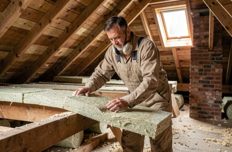 Artisan posant des rouleaux de laine minérale dans les combles d'une maison pour améliorer l'isolation thermique
