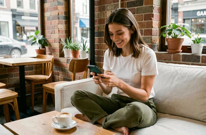Jeune femme gérant son agenda en ligne sur smartphone dans un café urbain cosy