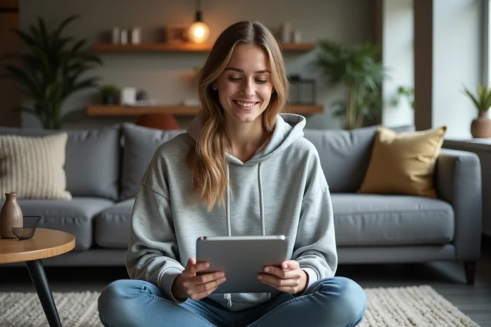 Jeune femme parcourant le plan du site France Médicale sur une tablette dans un appartement moderne