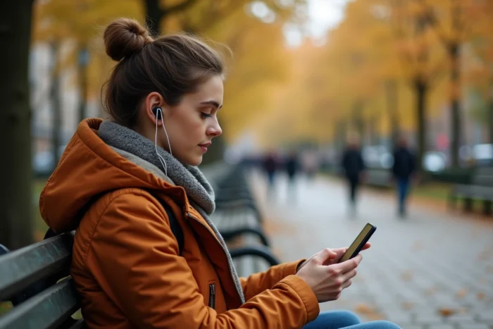 Jeune femme écoutant un podcast d'actualités sur son smartphone dans un parc urbain en automne
