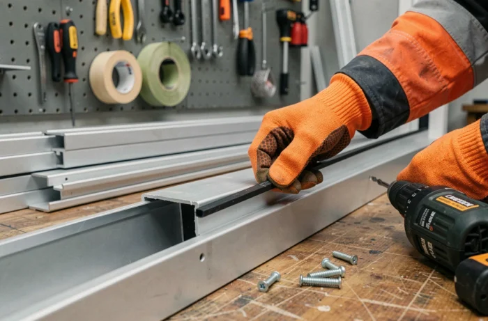 Gros plan sur l'insertion d'un joint en caoutchouc dans un profilé aluminium de fenêtre lors de la pose
