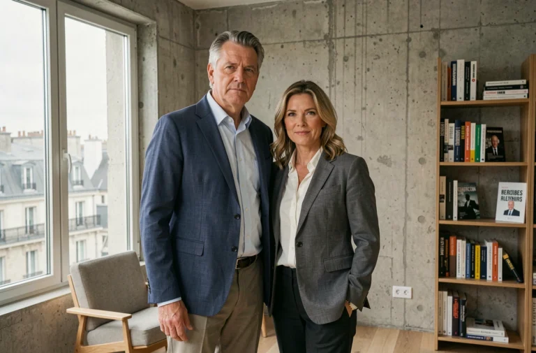 Jonathan Halls et Maryse Burgot, couple discret dans un appartement parisien moderne, portrait éditorial