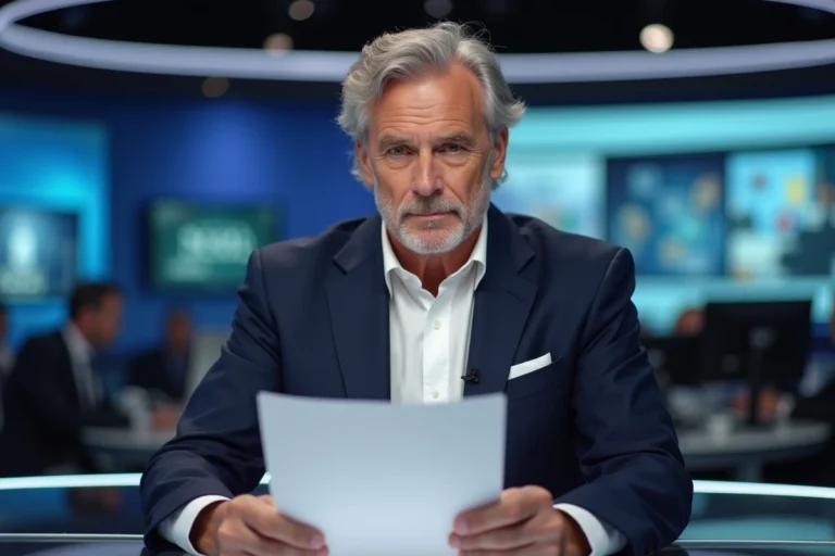 Journaliste politique masculin en studio de télévision, costume marine, posture professionnelle et regard concentré