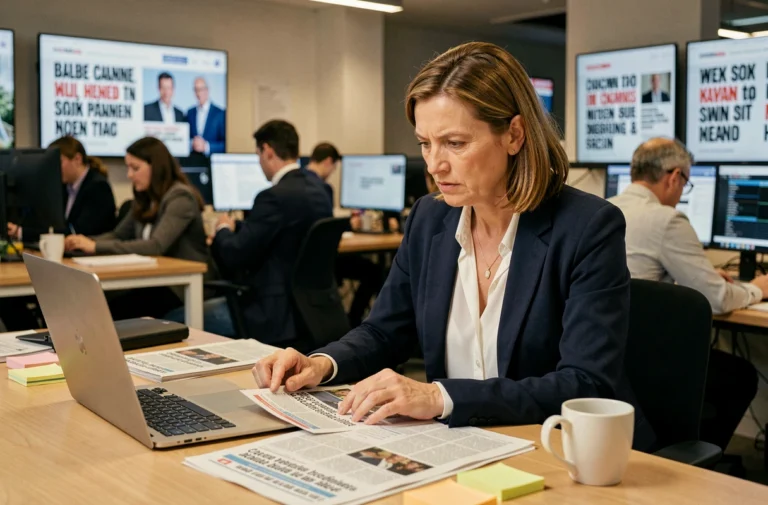 Journaliste française dans une salle de rédaction moderne consultant des articles d'actualité imprimés