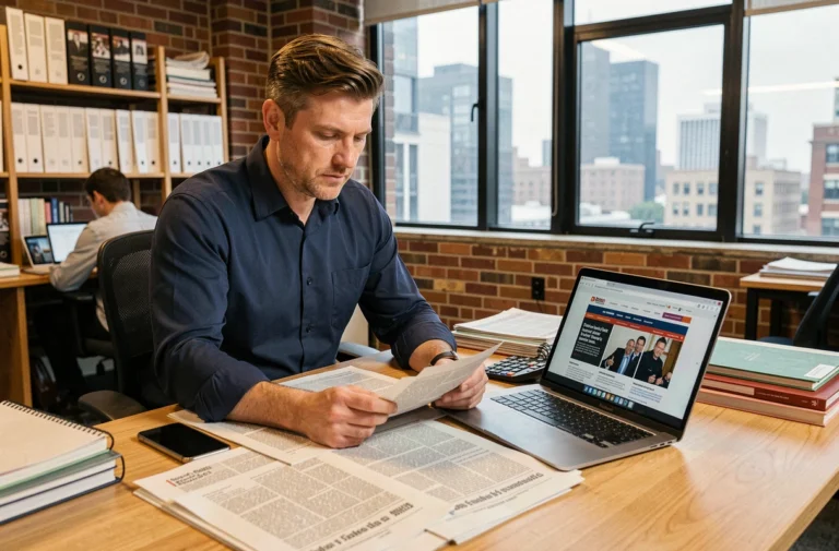 Journaliste masculin dans une salle de rédaction moderne examinant des articles de presse imprimés sur son bureau, illustrant le travail éditorial de Full Press Info