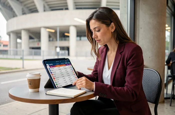 Journaliste sportive consultant un tableau comparatif des budgets des clubs de Ligue 1 sur une tablette en terrasse de café près d'un stade