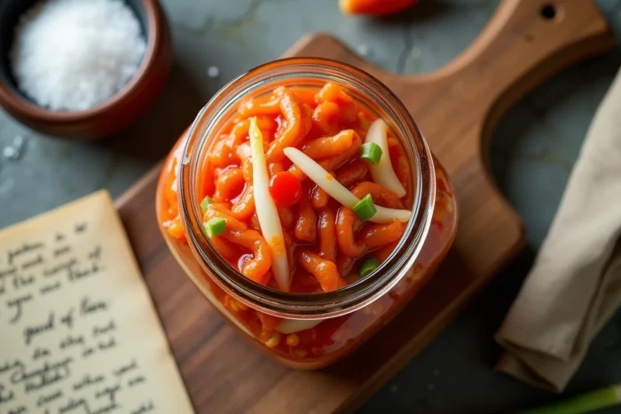 Gros plan vue du dessus d'un pot en verre de kimchi fait maison avec des légumes fermentés et des notes de fermentation artisanale