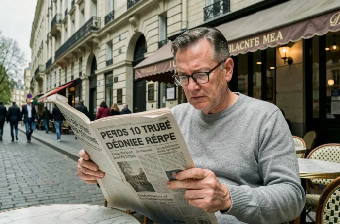 Homme lisant un journal français à la terrasse d'un café parisien avec façade haussmannienne en arrière-plan