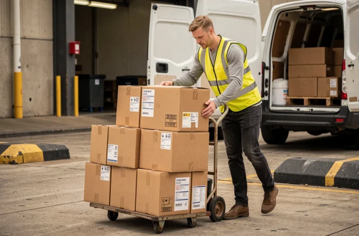 Livreur chargeant des colis e-commerce dans un camion de livraison rapide