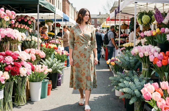 Femme en robe midi fleurie visitant un marché aux fleurs au printemps, inspiration look mode féminin printanier