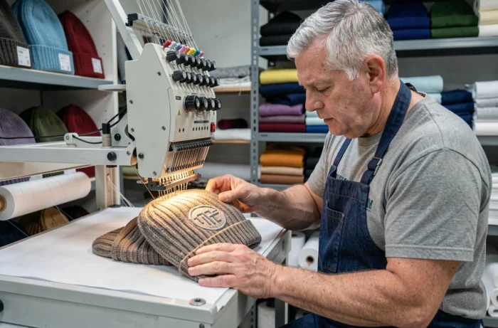 Artisan utilisant une machine à broder professionnelle pour personnaliser un bonnet en laine