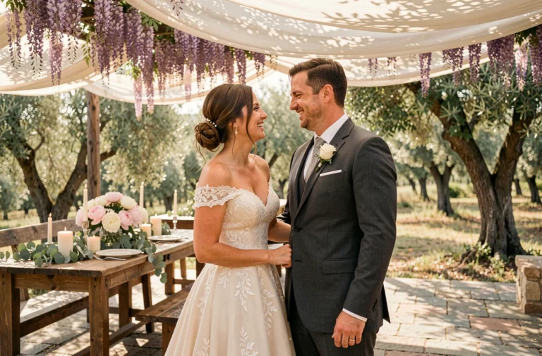 Couple de mariés souriant sous un dais de glycines dans un domaine rustique en plein air, décoration florale champêtre