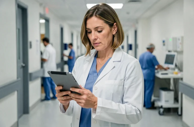 Médecin femme consultant les dernières actualités santé sur une tablette dans un couloir d'hôpital moderne