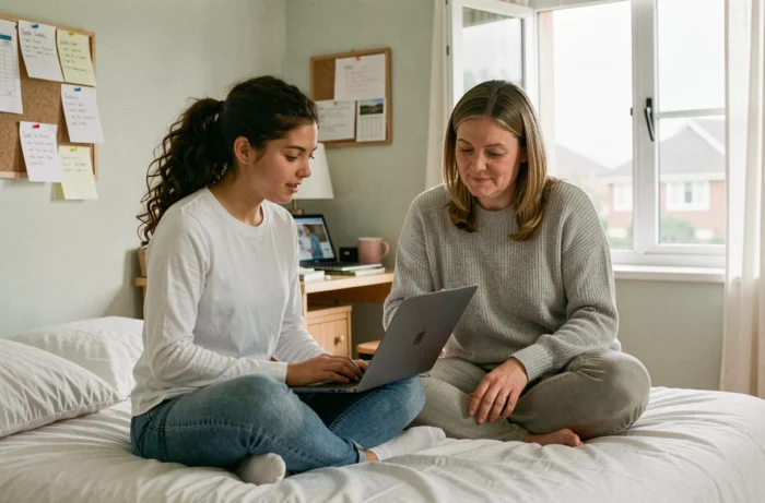 Mère et fille lycéenne consultant ensemble la confirmation d'inscription au baccalauréat sur Cyclades depuis la chambre