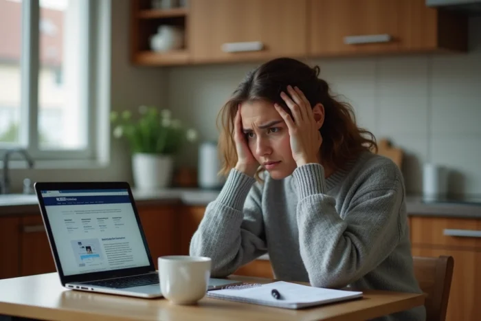 Mère effectuant des recherches juridiques sur le manquement parental depuis sa cuisine