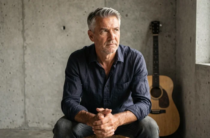 Portrait contemplatif d'un musicien quinquagénaire dans un studio de répétition, symbolisant le combat personnel et la renaissance artistique