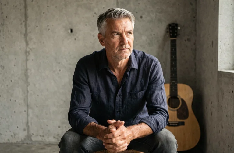 Portrait contemplatif d'un musicien quinquagénaire dans un studio de répétition, symbolisant le combat personnel et la renaissance artistique