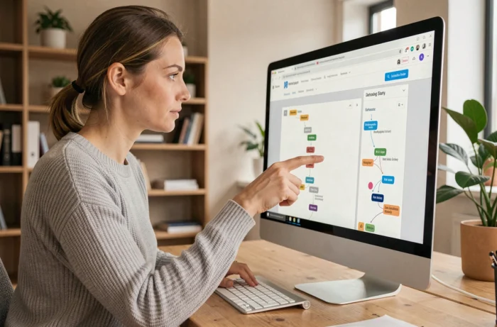 Femme naviguant sur un plan de site web sur un écran d'ordinateur dans un bureau moderne