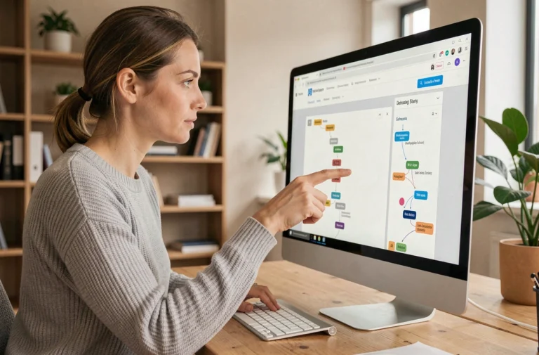 Femme naviguant sur un plan de site web sur un écran d'ordinateur dans un bureau moderne
