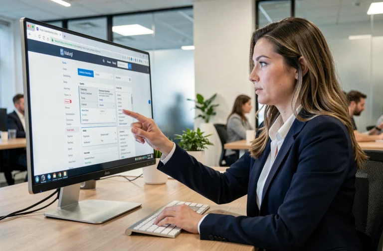 Femme professionnelle naviguant dans les rubriques d'un site web structuré sur un grand écran de bureau en open space