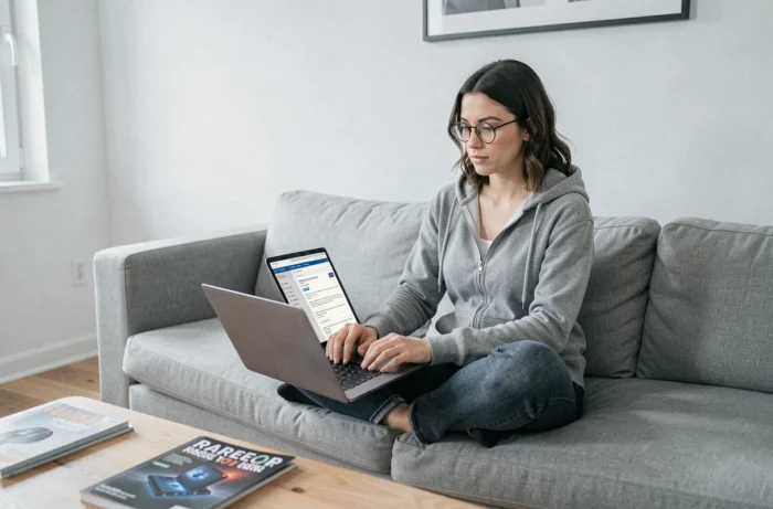 Femme avec lunettes naviguant dans le plan de site d'un blog geek sur un laptop dans un salon scandinave