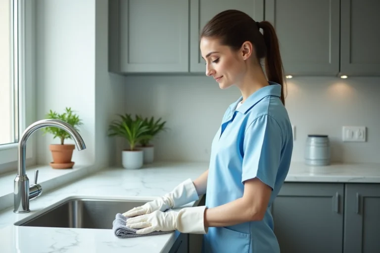 Femme professionnelle en uniforme bleu nettoyant le plan de travail d'une cuisine moderne dans un appartement urbain