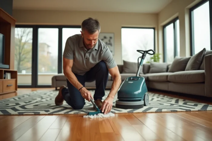 Technicien de nettoyage professionnel utilisant une machine pour laver le parquet d'un grand salon d'appartement