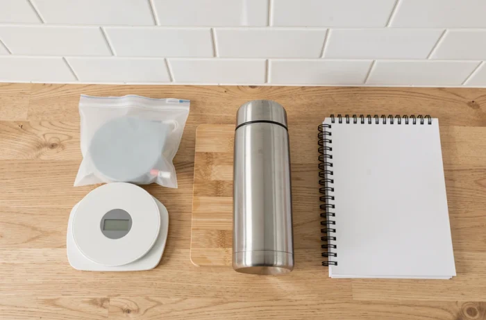 Vue aérienne d'objets du quotidien indispensables posés sur un plan de travail en bois clair, incluant une balance de cuisine, un thermos et un organisateur