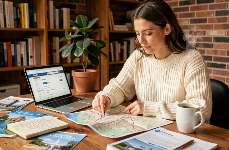 Femme organisant un voyage à son bureau avec carte, carnet de notes et ordinateur portable ouvert sur un site de réservation de vols