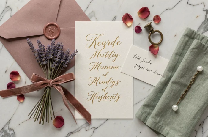 Flat-lay de papeterie de mariage artisanale avec calligraphie dorée, sceaux de cire et fleurs séchées sur marbre blanc