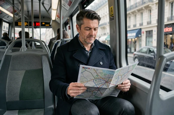 Passager masculin lisant le nouveau plan du réseau de bus parisien à l'intérieur d'un bus RATP sous la pluie