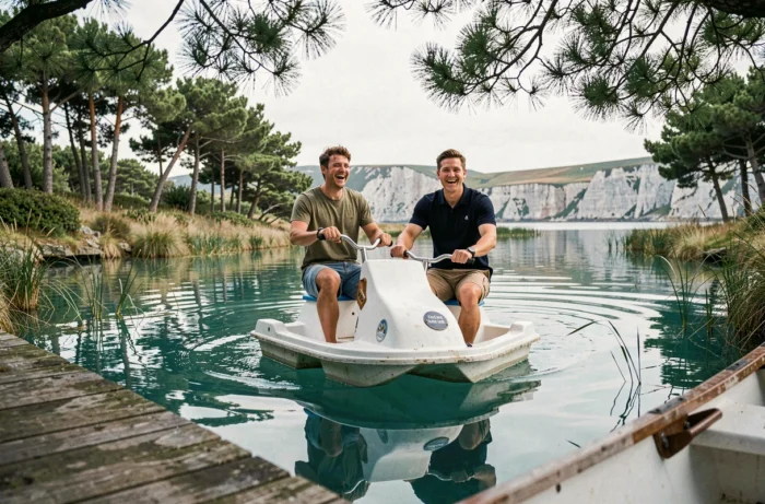 Deux hommes sur un pédalo blanc dans un estuaire breton entouré de pins et de falaises