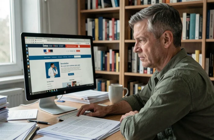 Père concentré consultant le site Cyclades sur son ordinateur de bureau pour suivre les résultats du baccalauréat