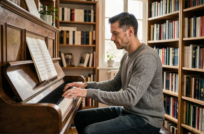 Chanteur lyrique au piano dans son appartement parisien, alliant intimité domestique et passion musicale