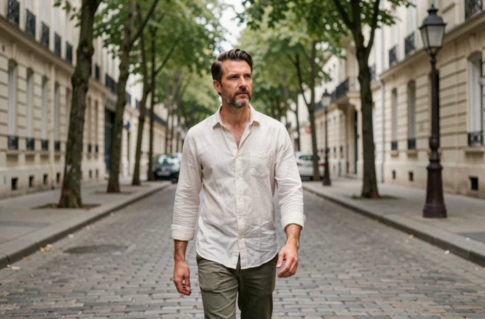 Contre-ténor se promenant dans une rue pavée du Marais à Paris, entre vie quotidienne et univers artistique