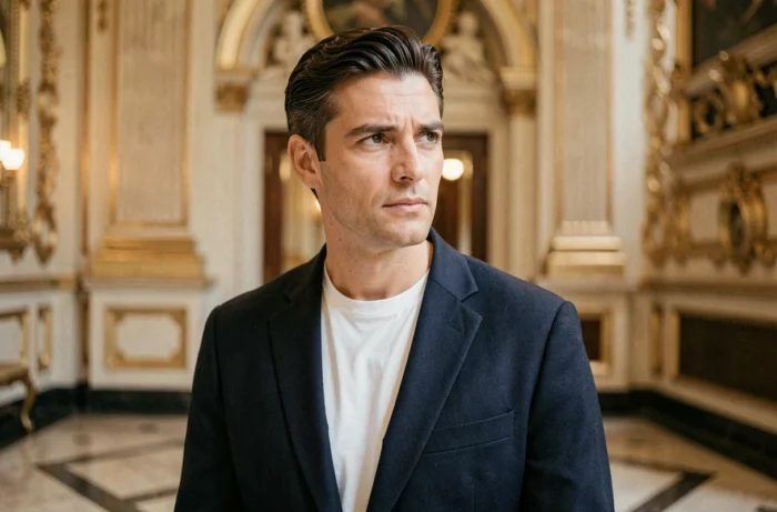 Portrait de Philippe Jaroussky dans le foyer d'un opéra, mêlant élégance artistique et sérénité personnelle