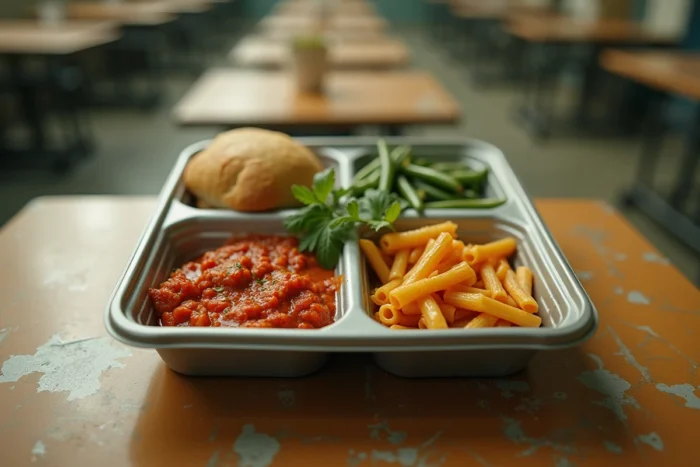 Plateau repas de la cantine pénitentiaire avec pasta, légumes et pain sur table de prison